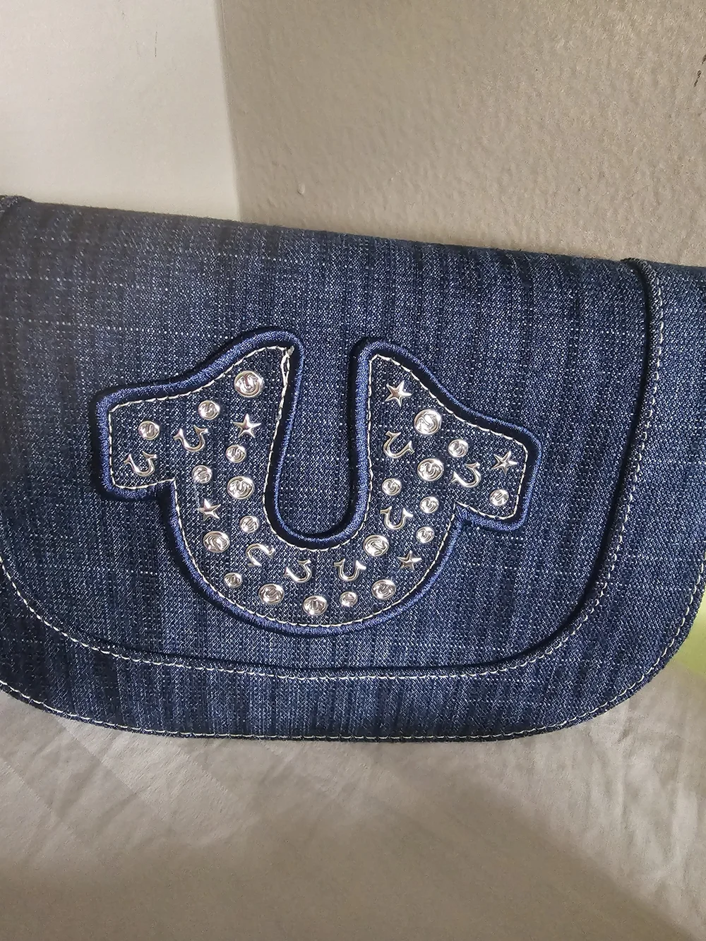 True Religion Denim Crossbody Bag with Studded Horseshoe - Blue